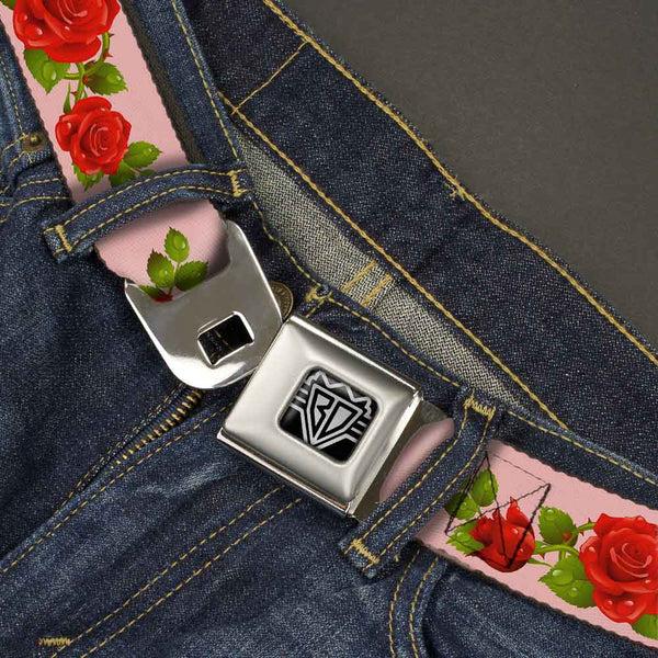 Buckle-Down BD Wings Logo CLOSE-UP Full Color Black Silver Seatbelt Belt - Rose Trio/Leaves Pink Webbing