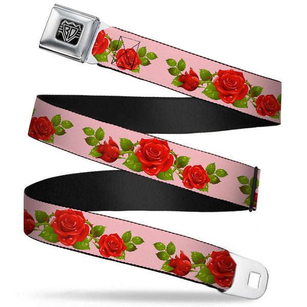Buckle-Down BD Wings Logo CLOSE-UP Full Color Black Silver Seatbelt Belt - Rose Trio/Leaves Pink Webbing