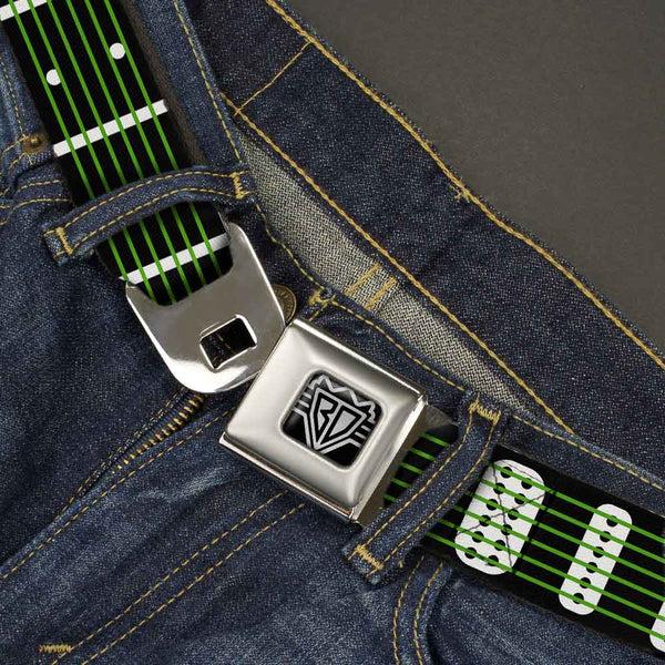 Buckle-Down BD Wings Logo CLOSE-UP Full Color Black Silver Seatbelt Belt - Guitar Neck Black/White/Lime Green Webbing