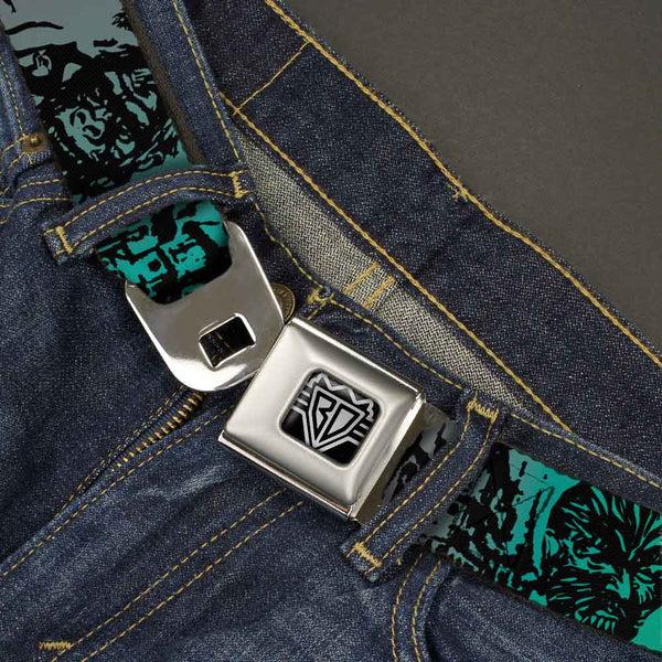Buckle-Down BD Wings Logo CLOSE-UP Full Color Black Silver Seatbelt Belt - Retro Monster Aqua/Black Webbing