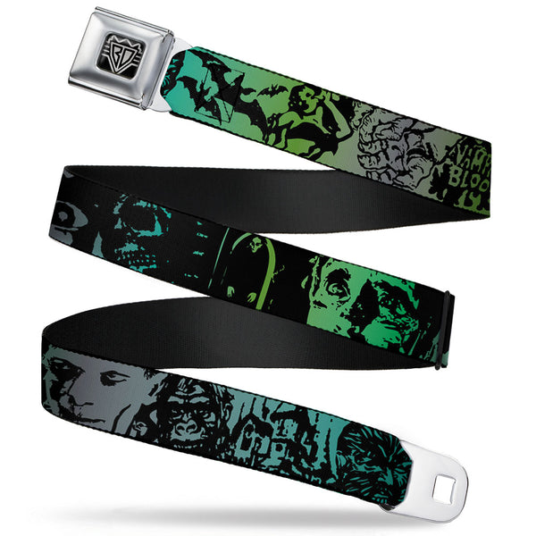 Buckle-Down BD Wings Logo CLOSE-UP Full Color Black Silver Seatbelt Belt - Retro Monster Aqua/Black Webbing
