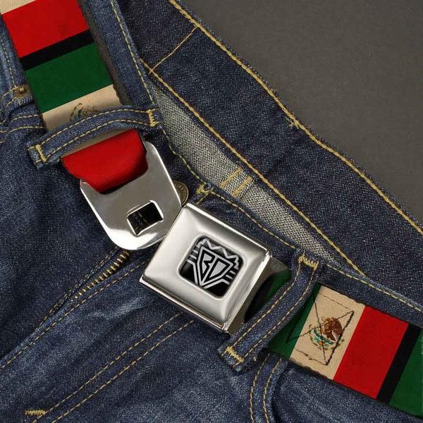 Buckle-Down BD Wings Logo CLOSE-UP Full Color Black Silver Seatbelt Belt - Mexico Flag Distressed Webbing