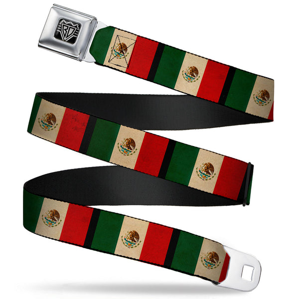Buckle-Down BD Wings Logo CLOSE-UP Full Color Black Silver Seatbelt Belt - Mexico Flag Distressed Webbing