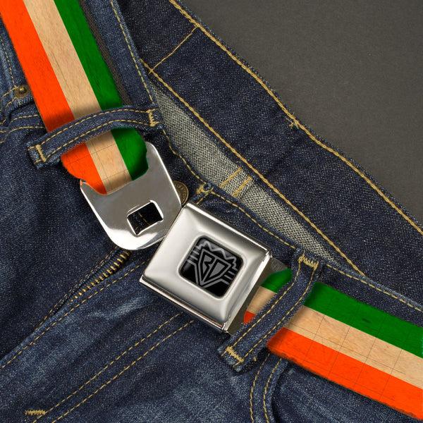 Buckle-Down BD Wings Logo CLOSE-UP Full Color Black Silver Seatbelt Belt - Ireland Flag Stripes Distressed Webbing