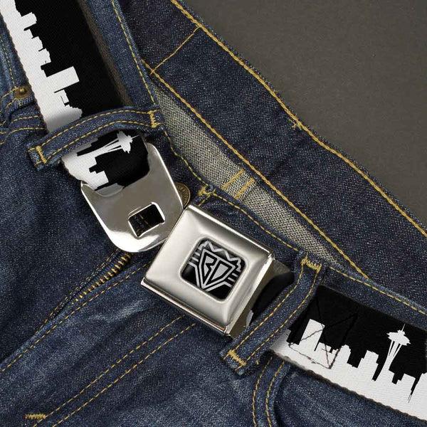 Buckle-Down BD Wings Logo CLOSE-UP Full Color Black Silver Seatbelt Belt - Seattle Solid Skyline Black/White Webbing