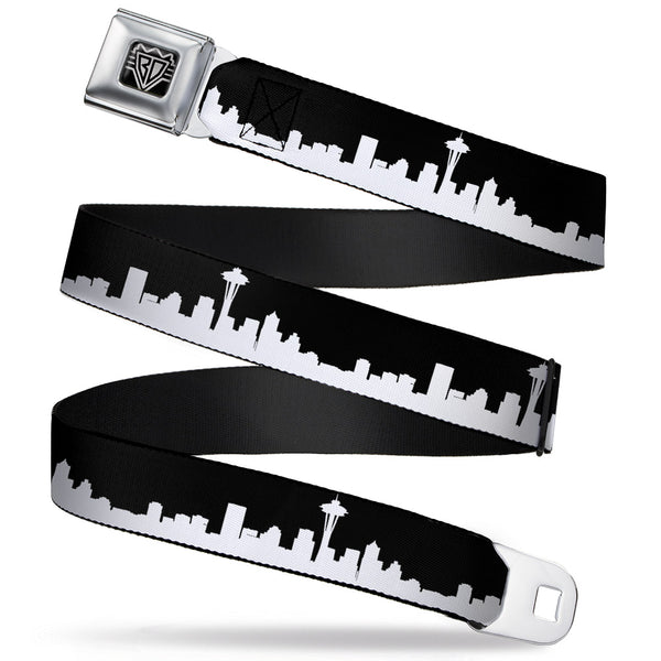 Buckle-Down BD Wings Logo CLOSE-UP Full Color Black Silver Seatbelt Belt - Seattle Solid Skyline Black/White Webbing