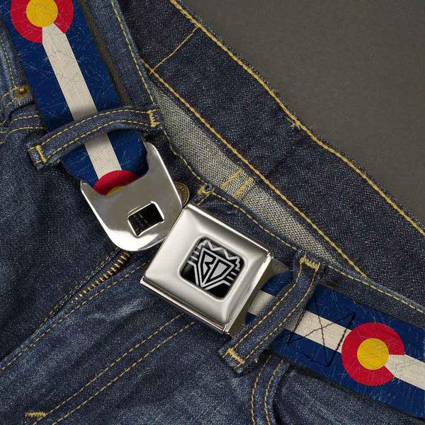 Buckle-Down BD Wings Logo CLOSE-UP Full Color Black Silver Seatbelt Belt - Colorado Flags2 Repeat Vintage Webbing