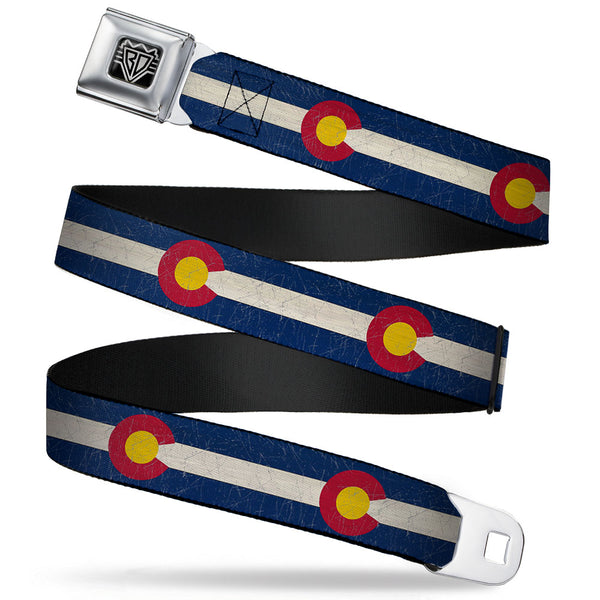 Buckle-Down BD Wings Logo CLOSE-UP Full Color Black Silver Seatbelt Belt - Colorado Flags2 Repeat Vintage Webbing