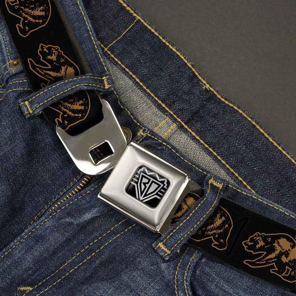 Buckle-Down BD Wings Logo CLOSE-UP Full Color Black Silver Seatbelt Belt - California Grizzly Bear Outline Black/Brown Webbing