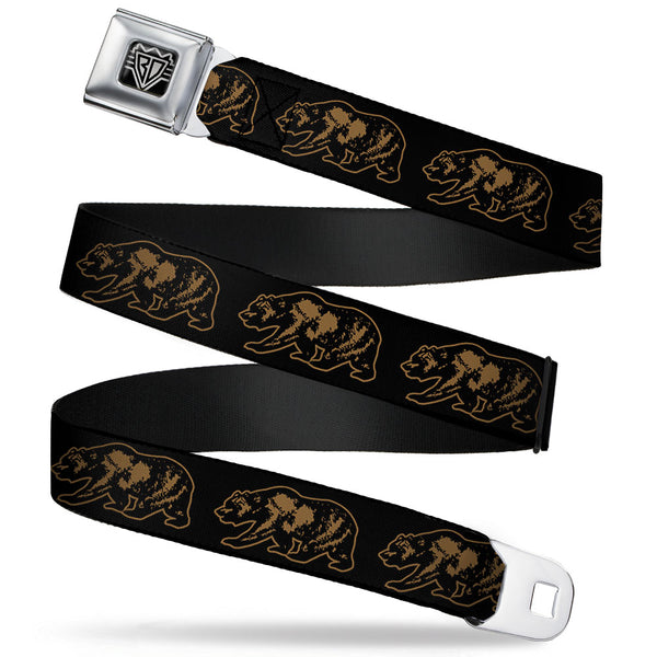 Buckle-Down BD Wings Logo CLOSE-UP Full Color Black Silver Seatbelt Belt - California Grizzly Bear Outline Black/Brown Webbing