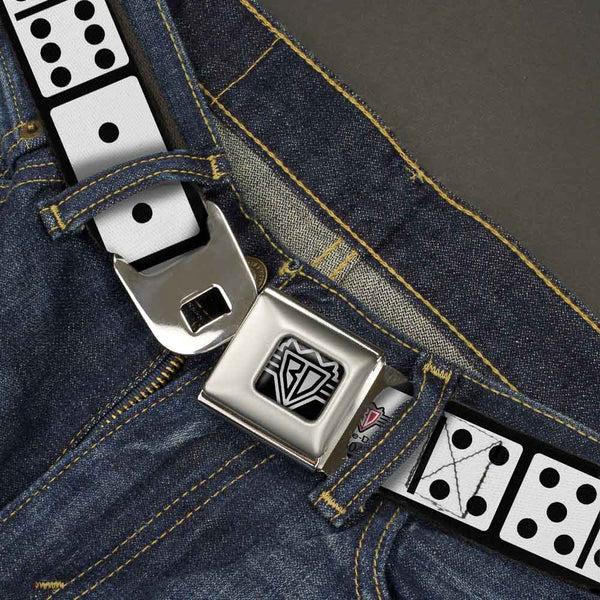 Buckle-Down BD Wings Logo CLOSE-UP Full Color Black Silver Seatbelt Belt - Dominoes Black/White/Black Webbing