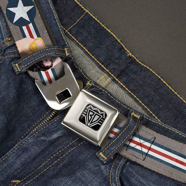 Buckle-Down BD Wings Logo CLOSE-UP Full Color Black Silver Seatbelt Belt - Pin Up Girl Poses Star & Stripes Gray/Blue/White/Red Webbing