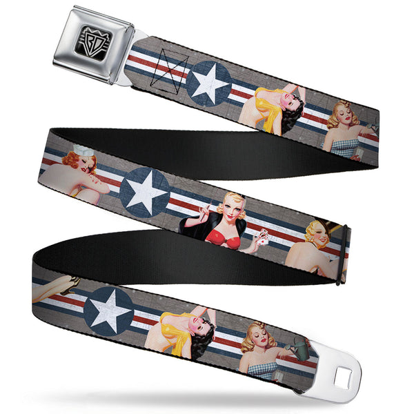Buckle-Down BD Wings Logo CLOSE-UP Full Color Black Silver Seatbelt Belt - Pin Up Girl Poses Star & Stripes Gray/Blue/White/Red Webbing