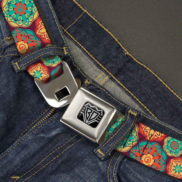 Buckle-Down BD Wings Logo CLOSE-UP Full Color Black Silver Seatbelt Belt - Boho Mandala Burgundy/Yellow/Turquoise/Orange Webbing