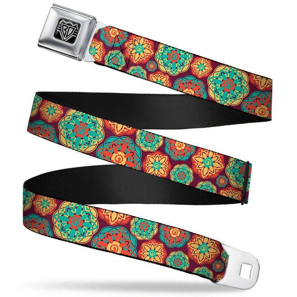 Buckle-Down BD Wings Logo CLOSE-UP Full Color Black Silver Seatbelt Belt - Boho Mandala Burgundy/Yellow/Turquoise/Orange Webbing