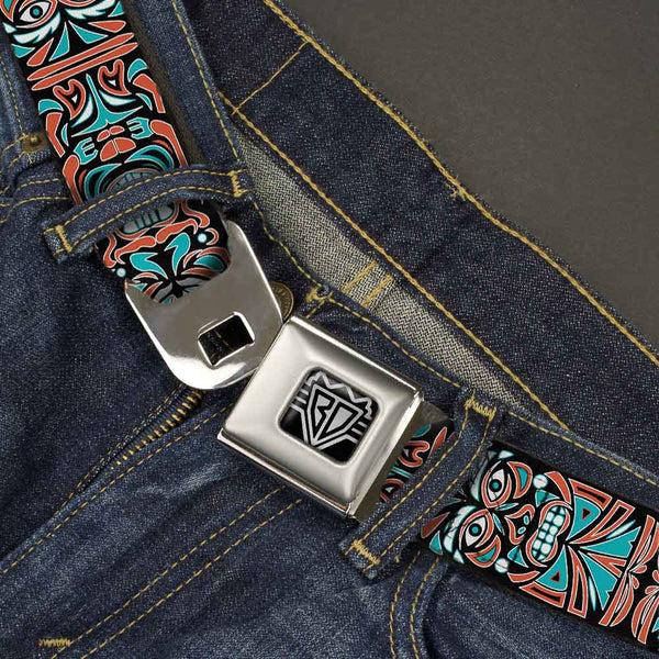 Buckle-Down BD Wings Logo CLOSE-UP Full Color Black Silver Seatbelt Belt - Totem Carvings Black/White/Orange/Turquoise Webbing