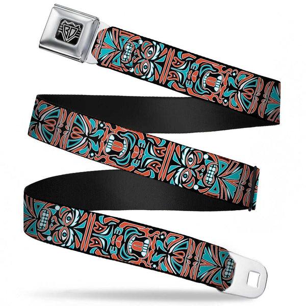 Buckle-Down BD Wings Logo CLOSE-UP Full Color Black Silver Seatbelt Belt - Totem Carvings Black/White/Orange/Turquoise Webbing