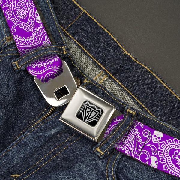Buckle-Down BD Wings Logo CLOSE-UP Full Color Black Silver Seatbelt Belt - Bandana/Skulls Purple/White Webbing