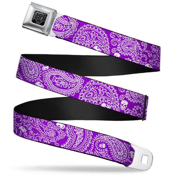 Buckle-Down BD Wings Logo CLOSE-UP Full Color Black Silver Seatbelt Belt - Bandana/Skulls Purple/White Webbing