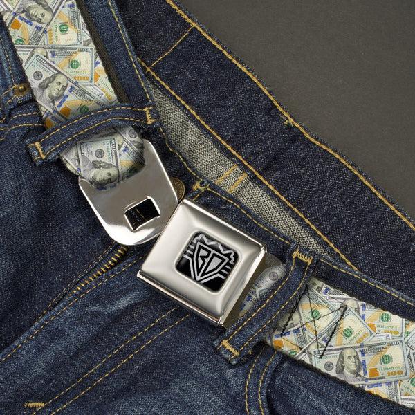 Buckle-Down BD Wings Logo CLOSE-UP Full Color Black Silver Seatbelt Belt - Vivid 100 Dollar Bills Stacked Webbing