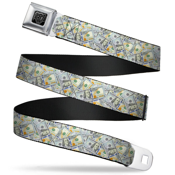 Buckle-Down BD Wings Logo CLOSE-UP Full Color Black Silver Seatbelt Belt - Vivid 100 Dollar Bills Stacked Webbing
