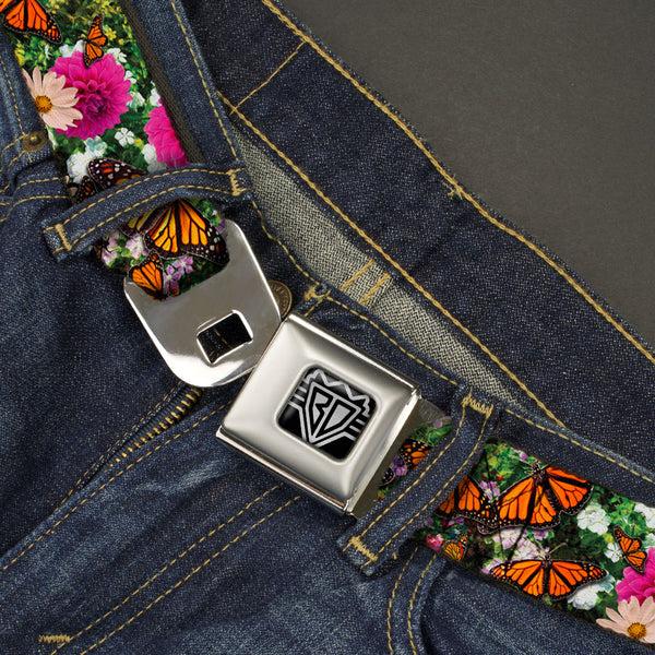 Buckle-Down BD Wings Logo CLOSE-UP Full Color Black Silver Seatbelt Belt - Vivid Monarch Butterfly Garden Webbing