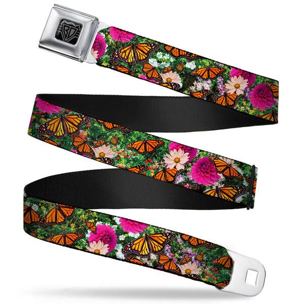 Buckle-Down BD Wings Logo CLOSE-UP Full Color Black Silver Seatbelt Belt - Vivid Monarch Butterfly Garden Webbing