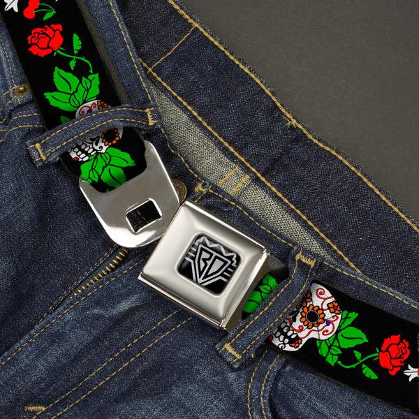 Buckle-Down BD Wings Logo CLOSE-UP Full Color Black Silver Seatbelt Belt - Sugar Skull W/Roses & Heart Webbing