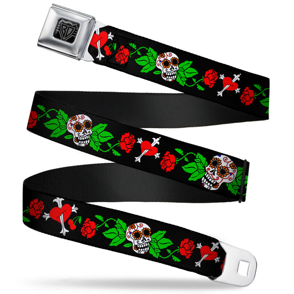 Buckle-Down BD Wings Logo CLOSE-UP Full Color Black Silver Seatbelt Belt - Sugar Skull w/Roses & Heart Webbing