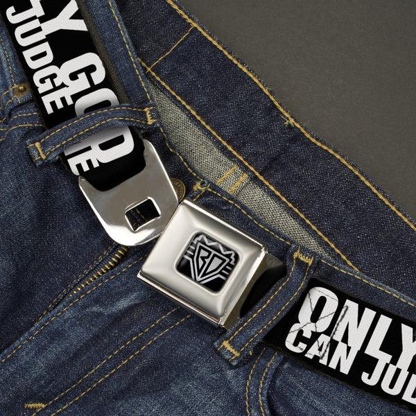 Buckle-Down BD Wings Logo CLOSE-UP Full Color Black Silver Seatbelt Belt - ONLY GOD CAN JUDGE ME Bold Black/White Webbing