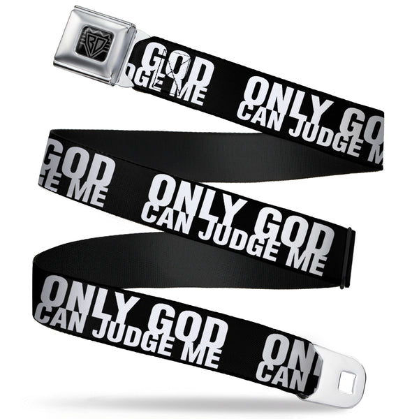 Buckle-Down BD Wings Logo CLOSE-UP Full Color Black Silver Seatbelt Belt - ONLY GOD CAN JUDGE ME Bold Black/White Webbing