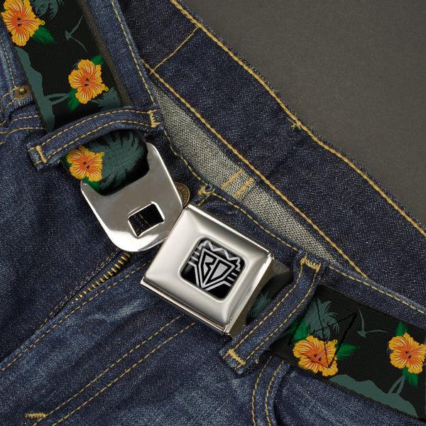 Buckle-Down BD Wings Logo CLOSE-UP Full Color Black Silver Seatbelt Belt - Hibiscus Flowers/Palm Trees Black/Green/Orange Webbing