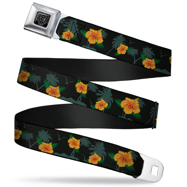 Buckle-Down BD Wings Logo CLOSE-UP Full Color Black Silver Seatbelt Belt - Hibiscus Flowers/Palm Trees Black/Green/Orange Webbing