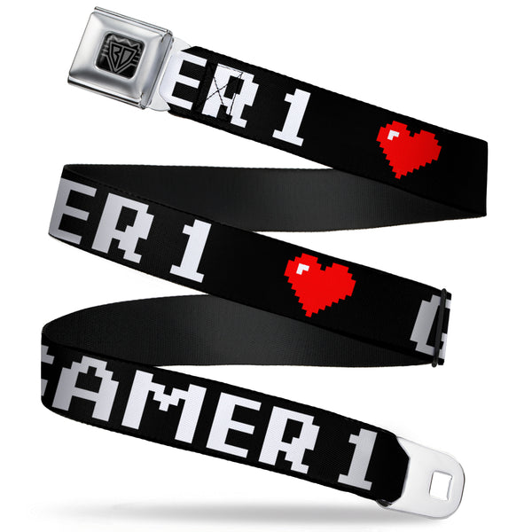 Buckle-Down BD Wings Logo CLOSE-UP Full Color Black Silver Seatbelt Belt - GAMER 1/Heart 8-Bit Black/White/Red Webbing