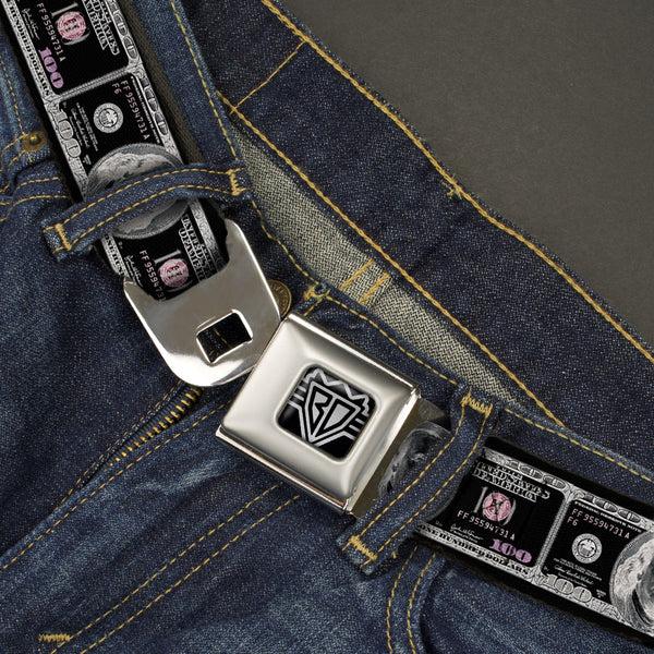 Buckle-Down BD Wings Logo CLOSE-UP Full Color Black Silver Seatbelt Belt - 100 Dollar Bill X-Ray Black/White Webbing