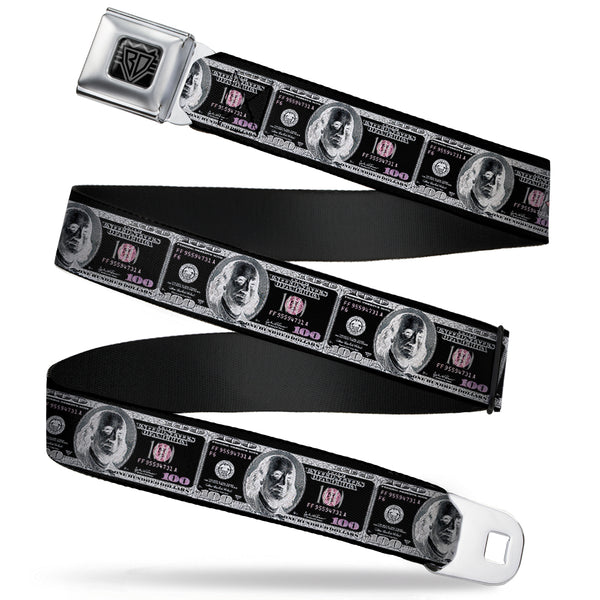 Buckle-Down BD Wings Logo CLOSE-UP Full Color Black Silver Seatbelt Belt - 100 Dollar Bill X-Ray Black/White Webbing