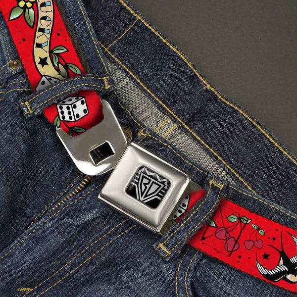 Buckle-Down BD Wings Logo CLOSE-UP Full Color Black Silver Seatbelt Belt - Lucky Red Webbing
