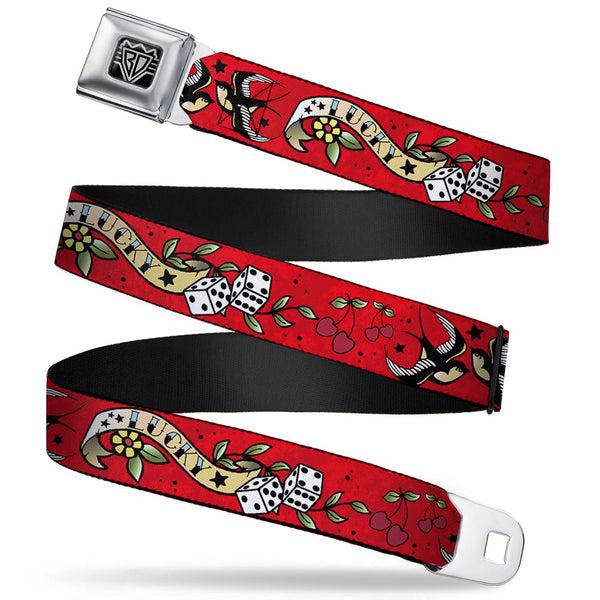 Buckle-Down BD Wings Logo CLOSE-UP Full Color Black Silver Seatbelt Belt - Lucky Red Webbing