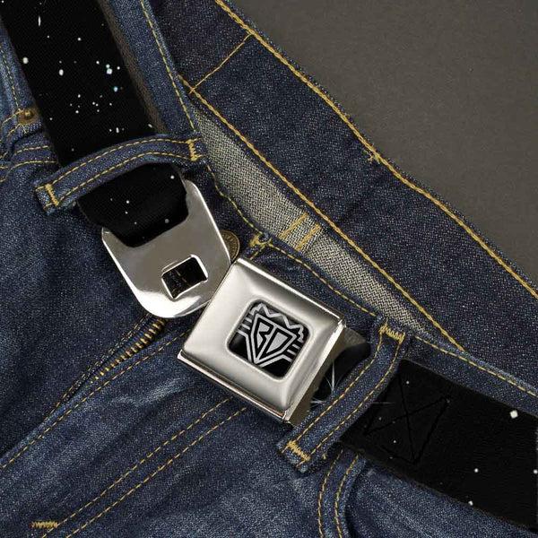 Buckle-Down BD Wings Logo CLOSE-UP Full Color Black Silver Seatbelt Belt - Shining Stars Black/White Webbing