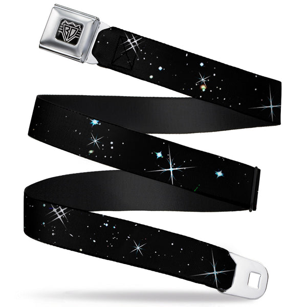 Buckle-Down BD Wings Logo CLOSE-UP Full Color Black Silver Seatbelt Belt - Shining Stars Black/White Webbing