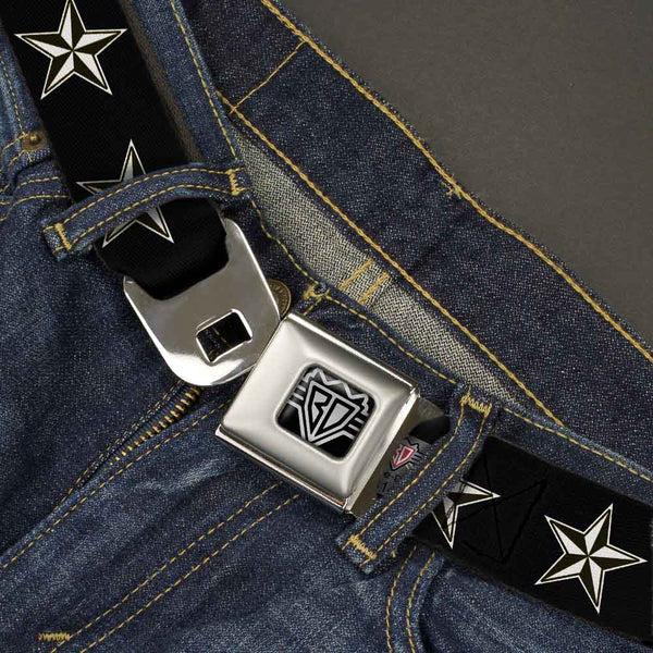Buckle-Down BD Wings Logo CLOSE-UP Full Color Black Silver Seatbelt Belt - Nautical Star Black/White Webbing