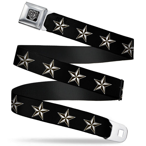 Buckle-Down BD Wings Logo CLOSE-UP Full Color Black Silver Seatbelt Belt - Nautical Star Black/White Webbing