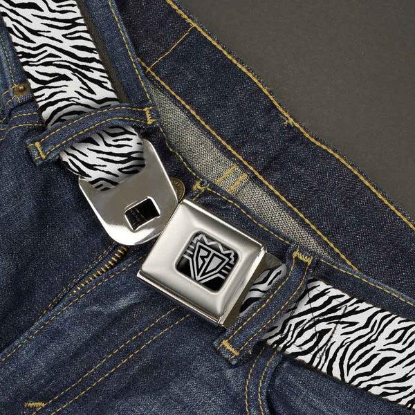 Buckle-Down BD Wings Logo CLOSE-UP Full Color Black Silver Seatbelt Belt - Zebra 2 White Webbing