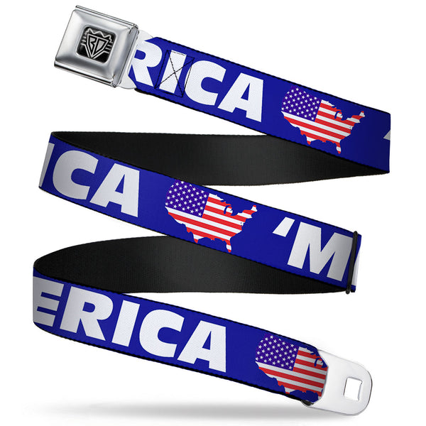 Buckle-Down BD Wings Logo CLOSE-UP Full Color Black Silver Seatbelt Belt - 'MERICA/USA Silhouette Blue/White/US Flag Webbing