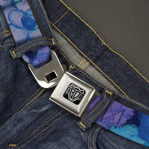Buckle-Down BD Wings Logo CLOSE-UP Full Color Black Silver Seatbelt Belt - Vivid Floral Collage3 Blues/Purples Webbing