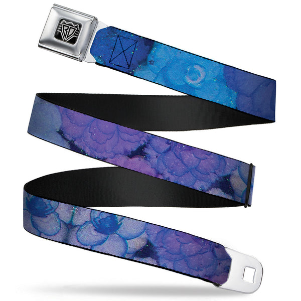 Buckle-Down BD Wings Logo CLOSE-UP Full Color Black Silver Seatbelt Belt - Vivid Floral Collage3 Blues/Purples Webbing