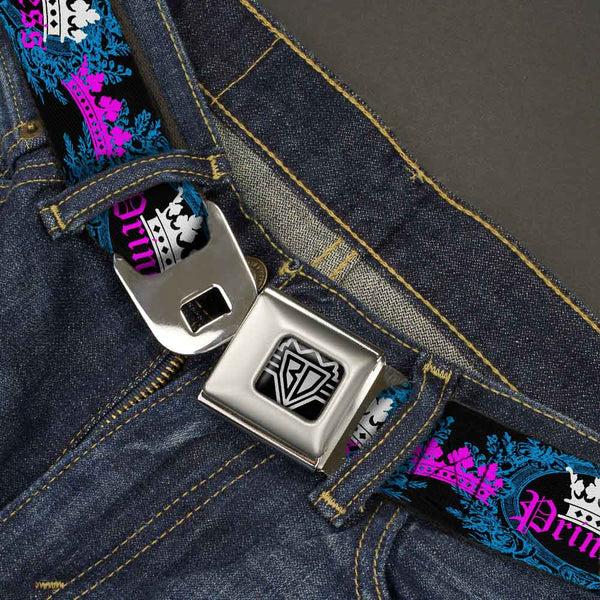 Buckle-Down BD Wings Logo CLOSE-UP Full Color Black Silver Seatbelt Belt - Crown Princess Oval Black/Turquoise Webbing