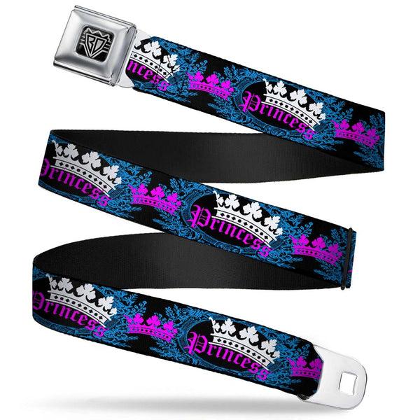 Buckle-Down BD Wings Logo CLOSE-UP Full Color Black Silver Seatbelt Belt - Crown Princess Oval Black/Turquoise Webbing