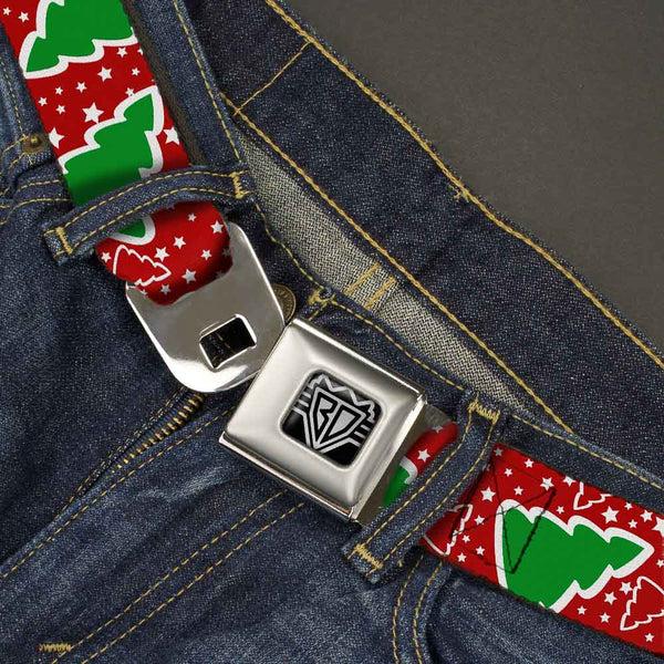 Buckle-Down BD Wings Logo CLOSE-UP Full Color Black Silver Seatbelt Belt - Christmas Trees/Stars Red/White/Green Webbing