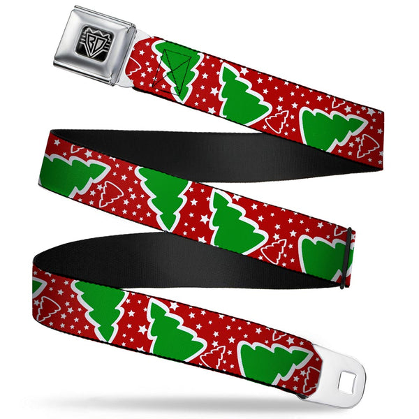 Buckle-Down BD Wings Logo CLOSE-UP Full Color Black Silver Seatbelt Belt - Christmas Trees/Stars Red/White/Green Webbing